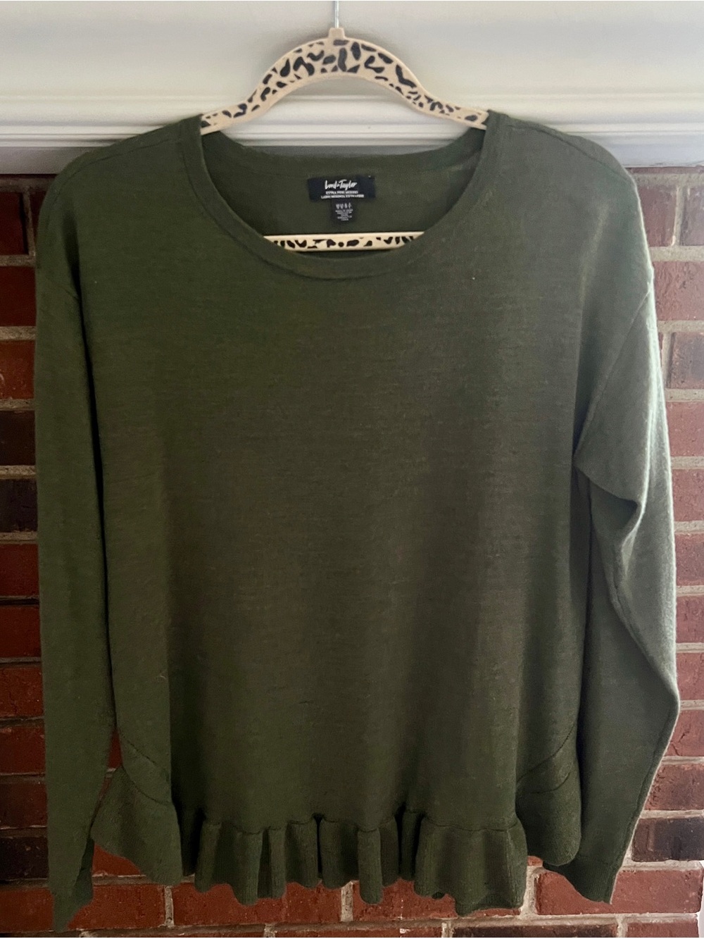Lord&Taylor MerinoWool Olive Green Ruffle Hem Sweater Sz M